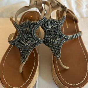 Anthropology beaded and sequined blue and silver platform sandals